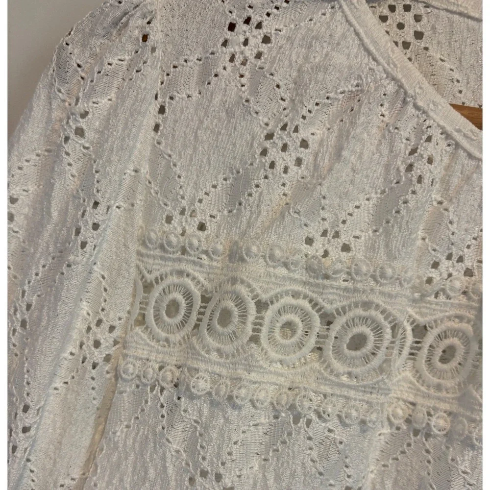 Zara White Eyelet Lace Blouse Long Puff Sleeve Ruffle Cuff Boho Top Medium
